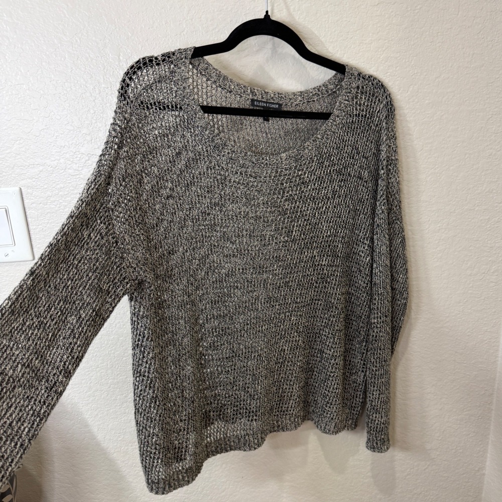 Eileen Fisher Linen Wool Blend Mesh Sweater Black White Large Fall Quiet Luxury - Picture 2 of 7